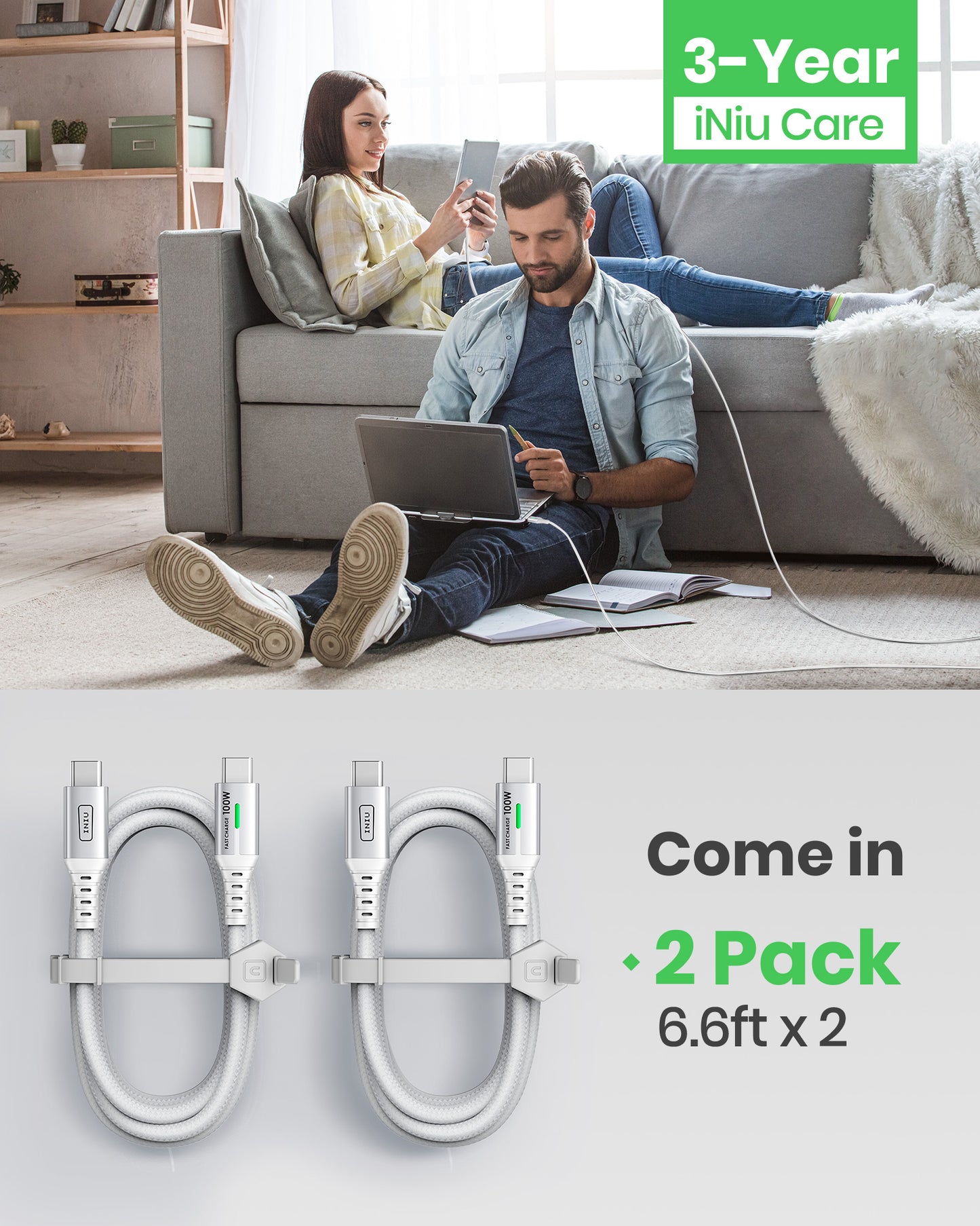 Cable USB C a C INIU D5CC blanco 100 W