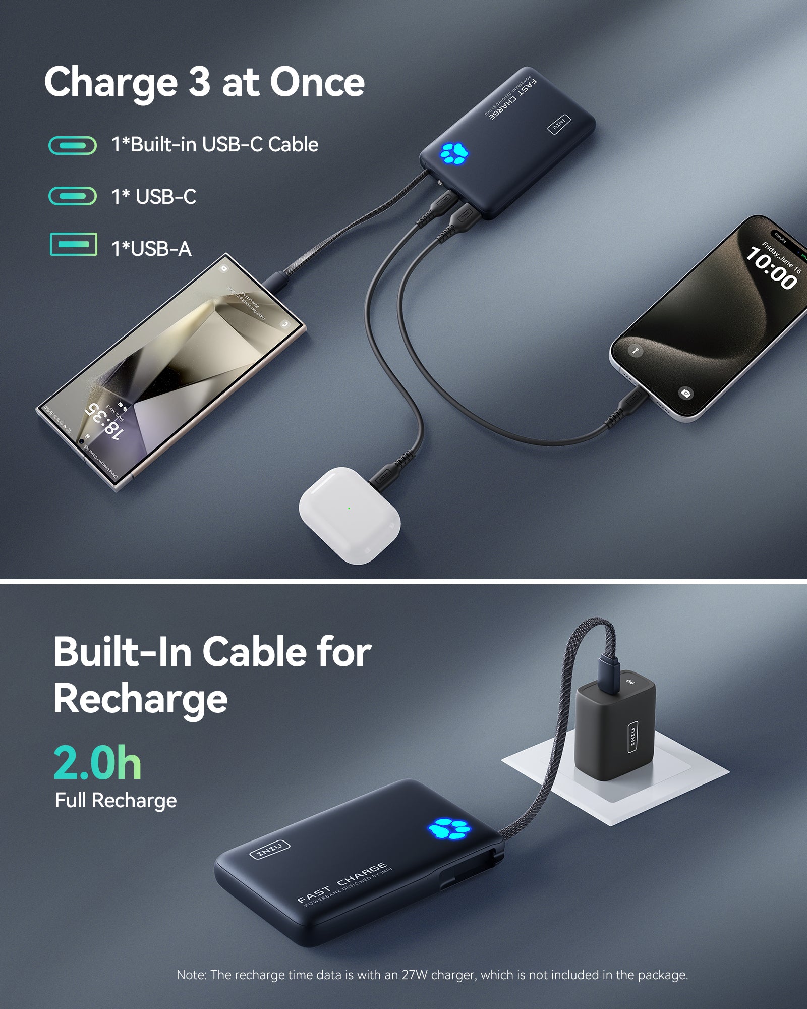INIU | P41L-E2 Built-in Cable USB-C Power Bank