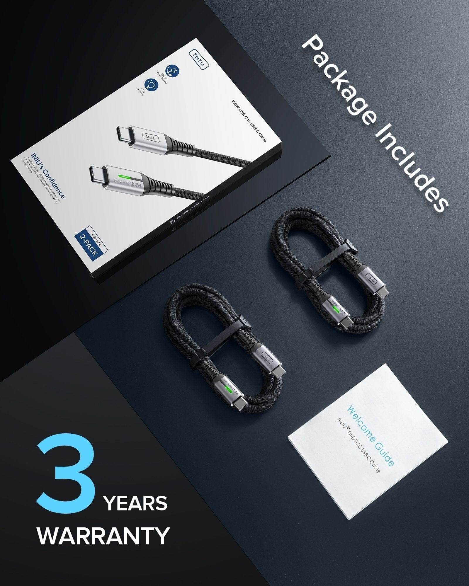Package Includes: 100W USB C to USB C Cable 6.6ft *2, Welcome Guide, 3 Years Warranty