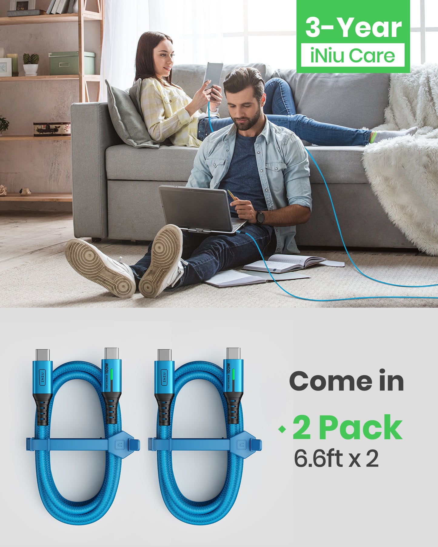 INIU D5CC USB-C-auf-C-Kabel 100 W (6,6 Fuß, 2er-Pack), kompatibel mit iPhone 14 13 12 Pro Samsung S21 Google LG iPad Tablet usw.