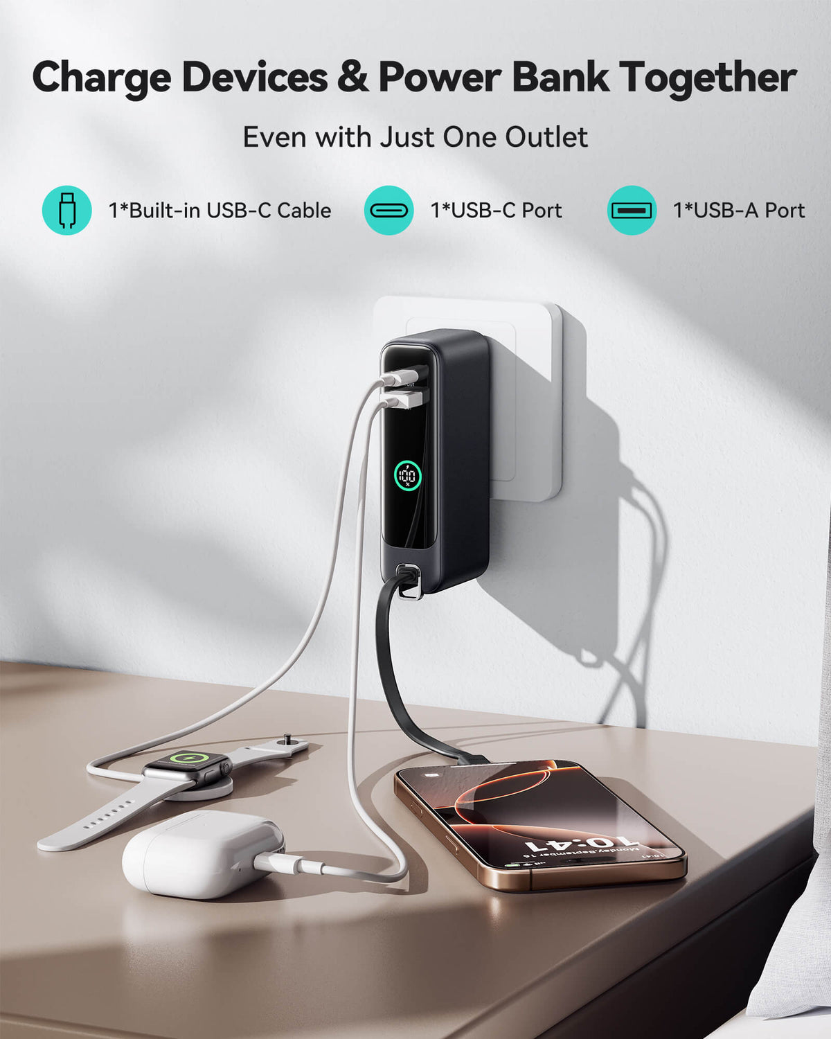 INIU Multi P21 Power Bank charging multiple devices: iPhone, Apple Watch, and AirPods, with one outlet, black and white color