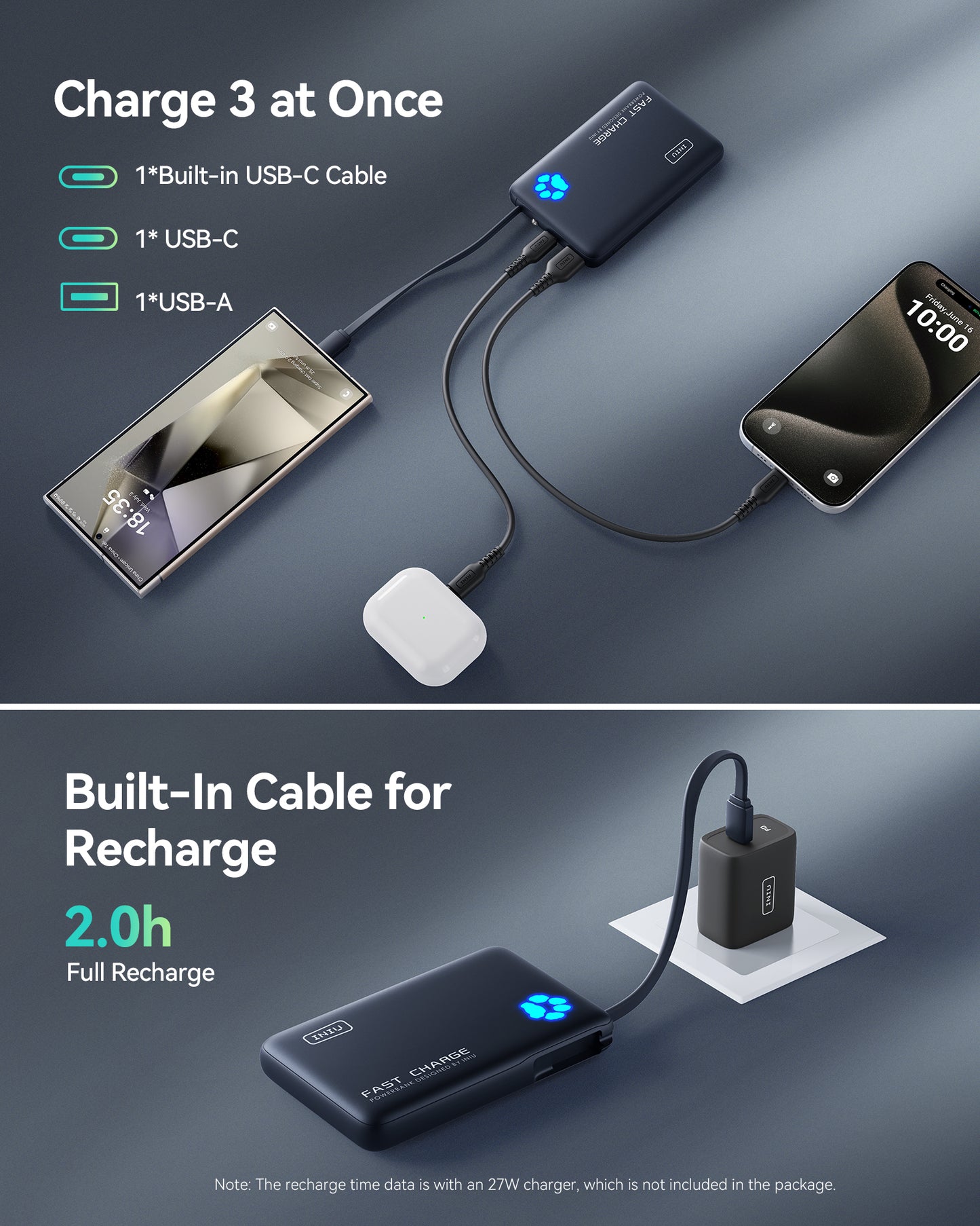 INIU Pawsible P41L-E1 Banco de energía con cable integrado, el más delgado de 20 W y 10 000 mAh