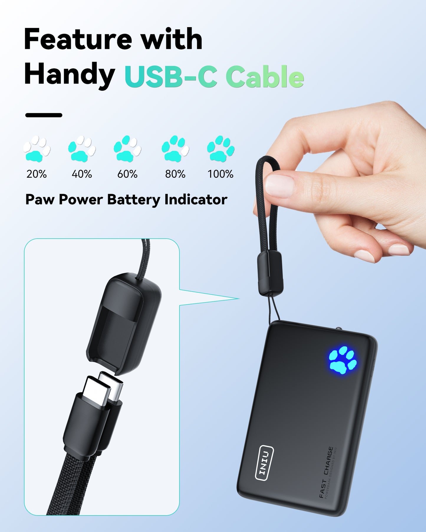 [New] Banco de energía INIU Pawsible P41, carga rápida, 22,5 W, 10 000 mAh