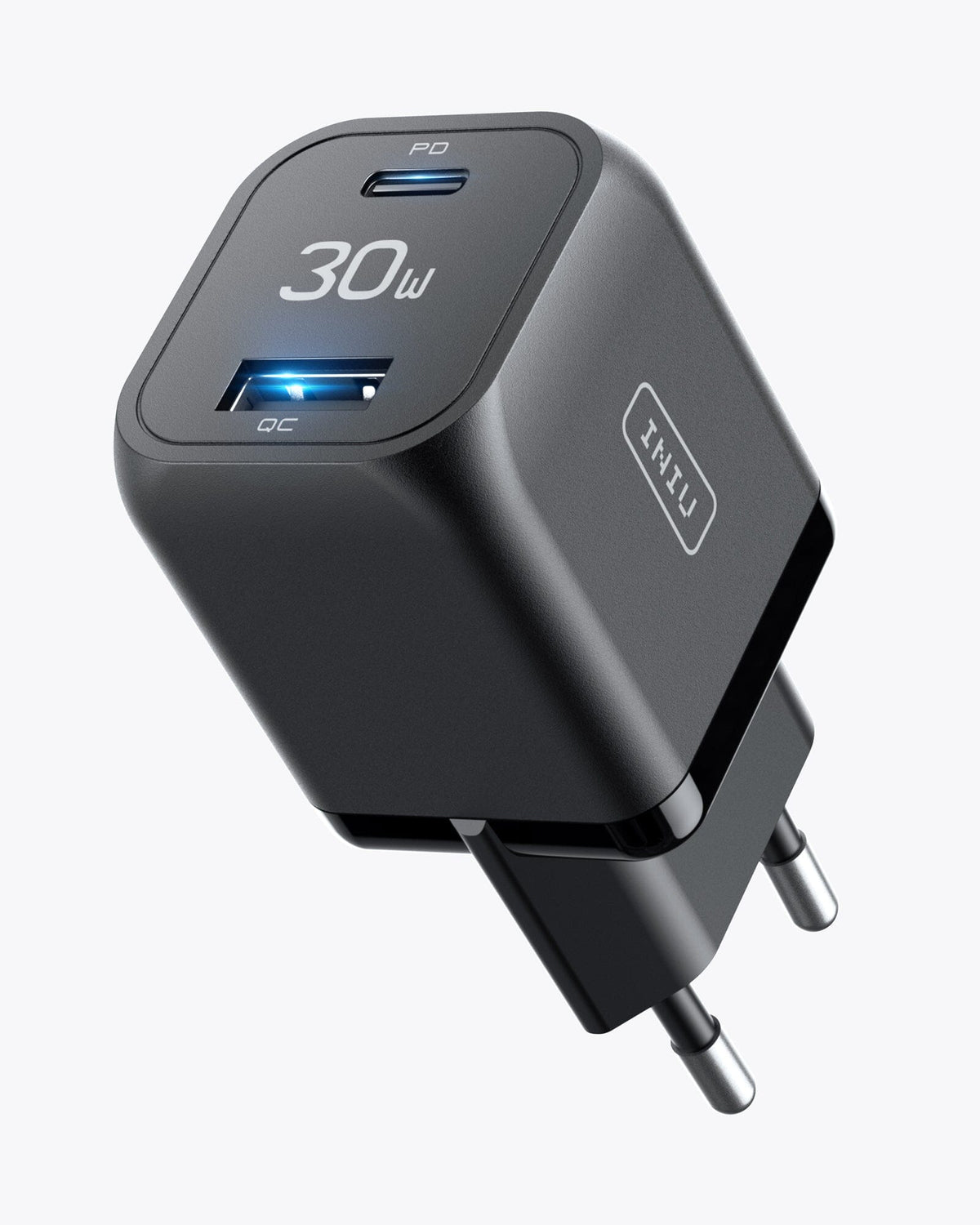 INIU I611 30W Dual Port Charger - Black, PD & QC ports for fast charging iPhone, iPad, and Android devices.