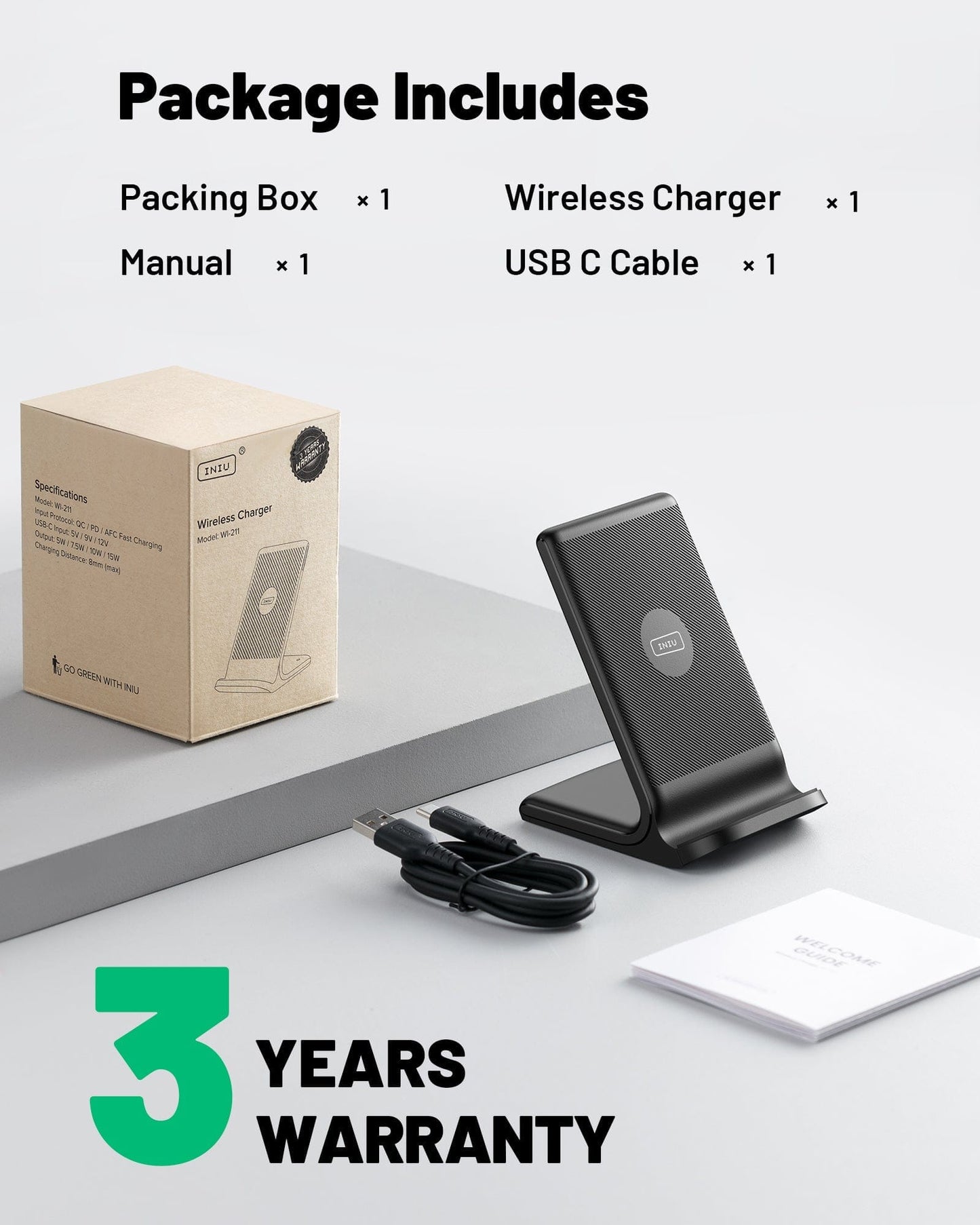 Cargador inalámbrico certificado Qi-Certified de INIU I211 15W con luz adaptable para dormir, compatible con iPhone 14 13 12 Pro Samsung S21 Google LG iPad Tablet, etc.