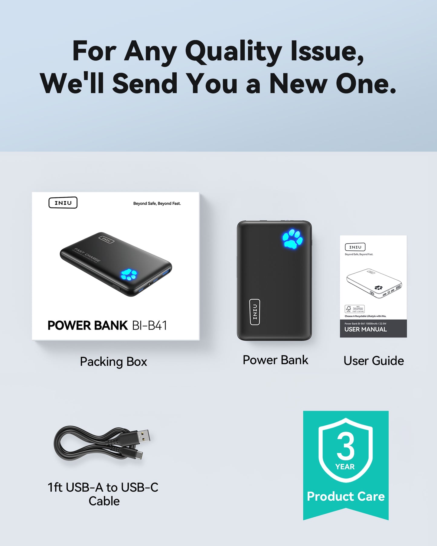 Batterie externe INIU Pawsible P41, charge rapide, 22, 5 W, 10 000 mAh