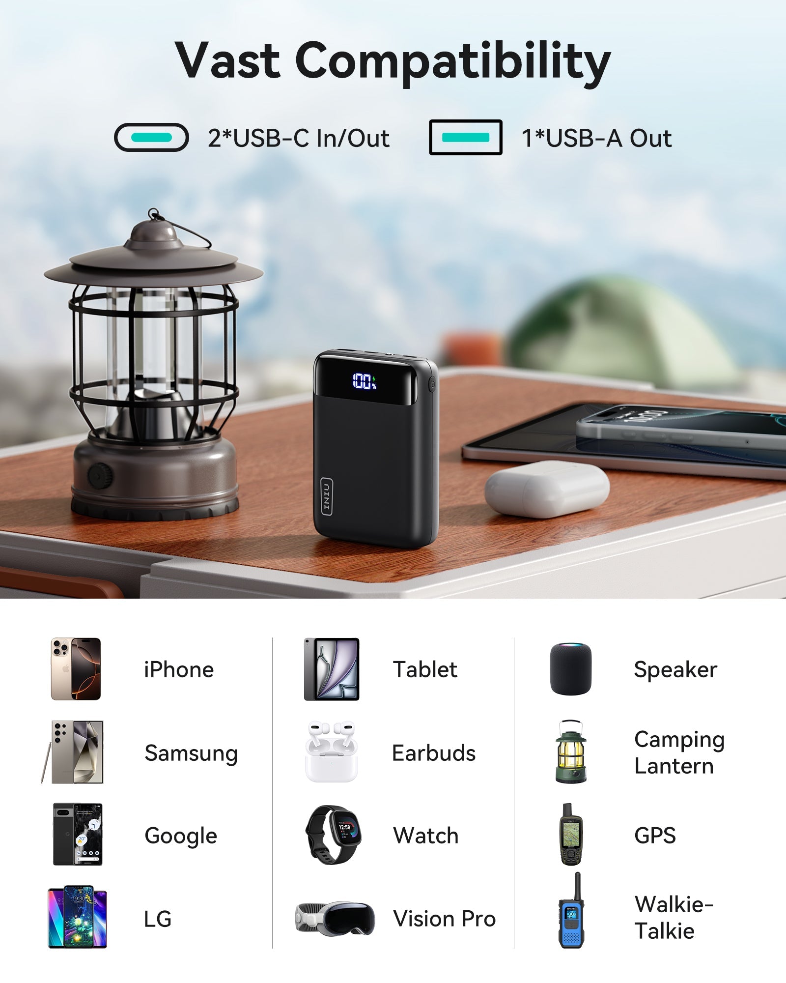 INIU Carry P51-E2 Power Bank: Compatible with iPhone, Samsung, and more, with 2 USB-C and 1 USB-A ports.