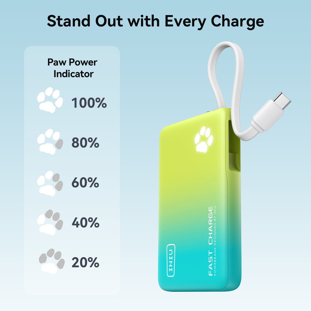 INIUIU Pawsible gradient power bank with built-in cable and paw logo power indicator. Great Black Friday tech gift for men.
