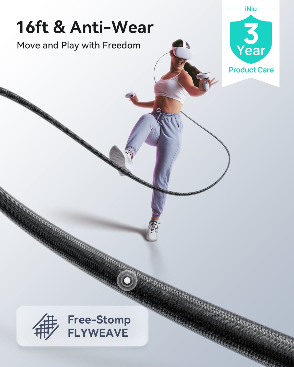 INIU DI401 VR Link Cable: 16ft anti-wear cable for Oculus Quest gaming, FLYWEAVE design, 3-year warranty.
