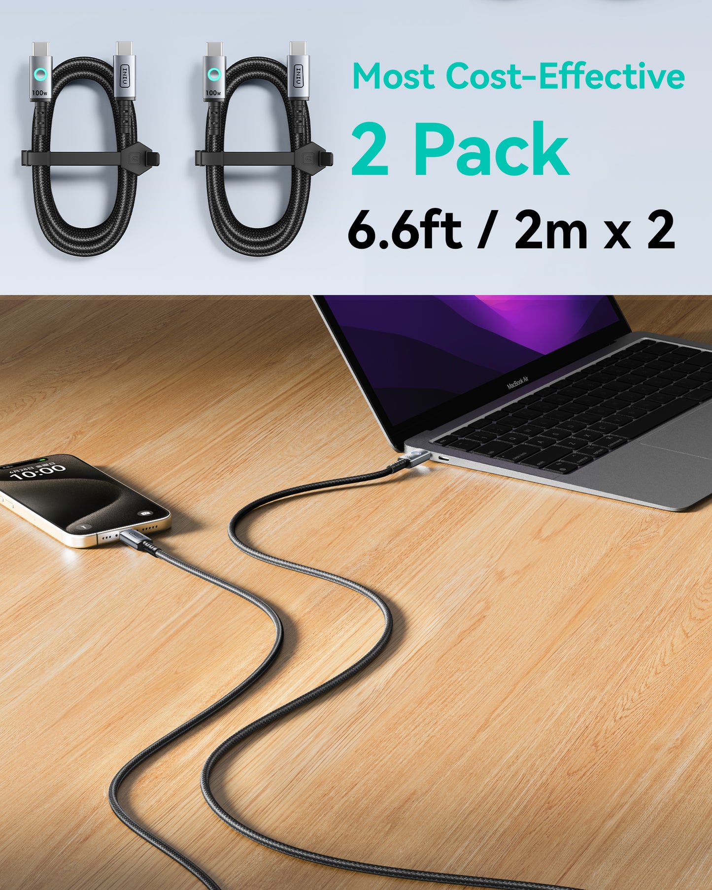 INIU 100W USB C 轉 USB C 連接線（6.6 英尺，2 條裝）