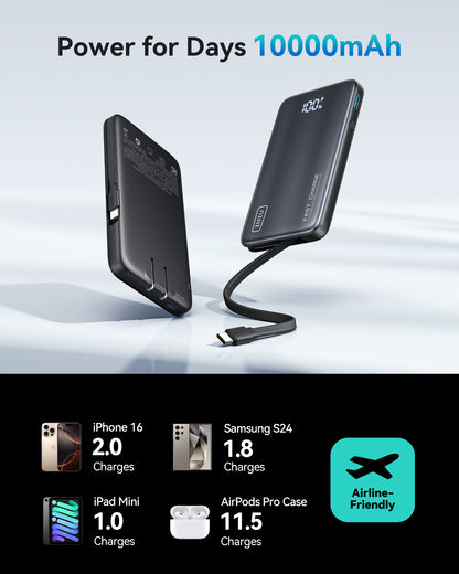 INIU P24-E1 10000mAh Power Bank: Fast charging for iPhone, Samsung, iPad, AirPods. Airline-friendly.