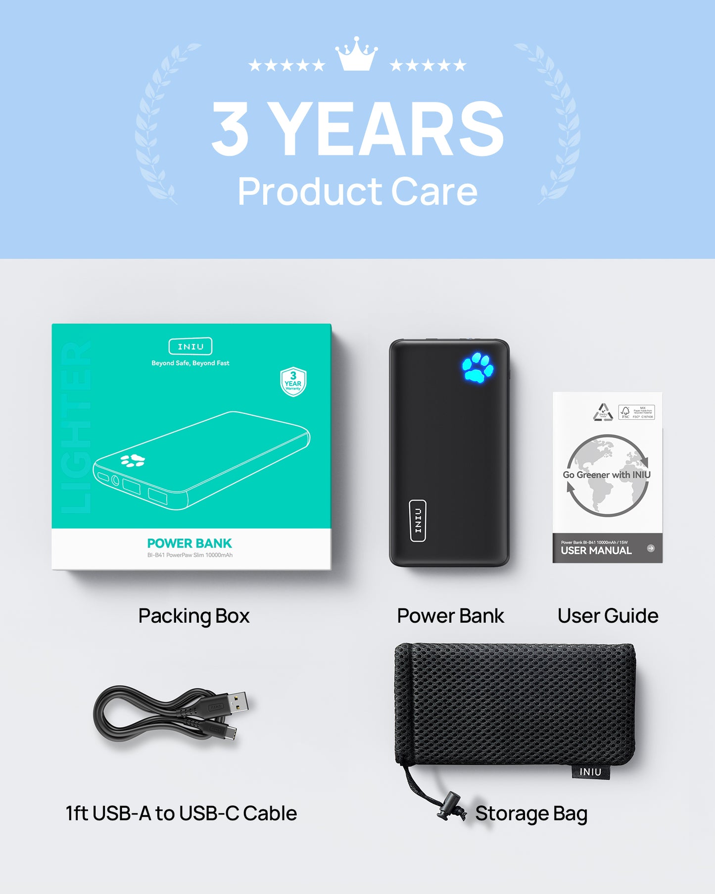 INIU B41 Power Bank 15 W Hochgeschwindigkeitsladung Schlankste 10.000 mAh