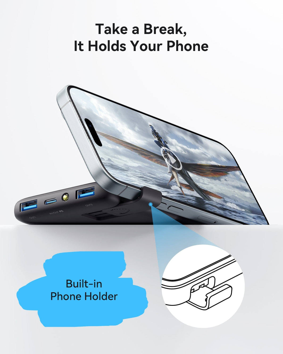 INIU B6 Power Bank - Portable charger with built-in phone holder, "Take a Break, It Holds Your Phone"