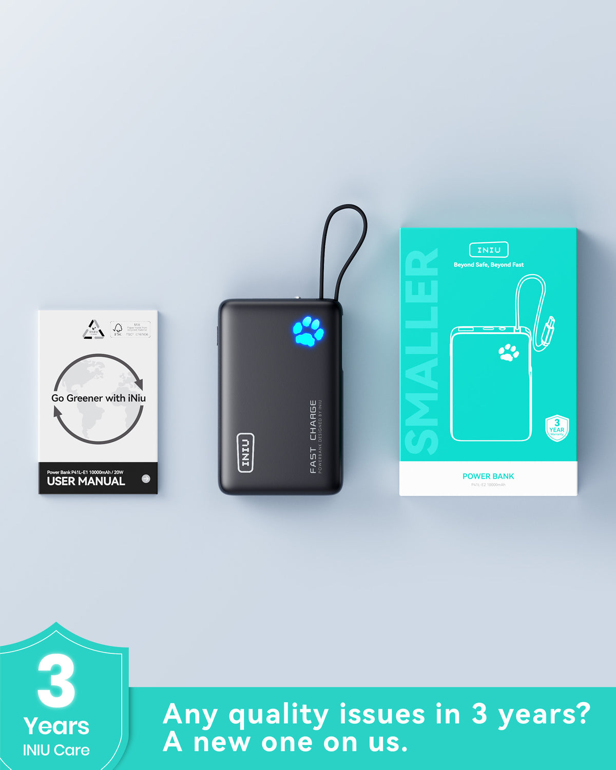 Black INIU 45W power bank with built-in cable, blue paw logo. Includes manual & packaging. Black Friday tech gift.