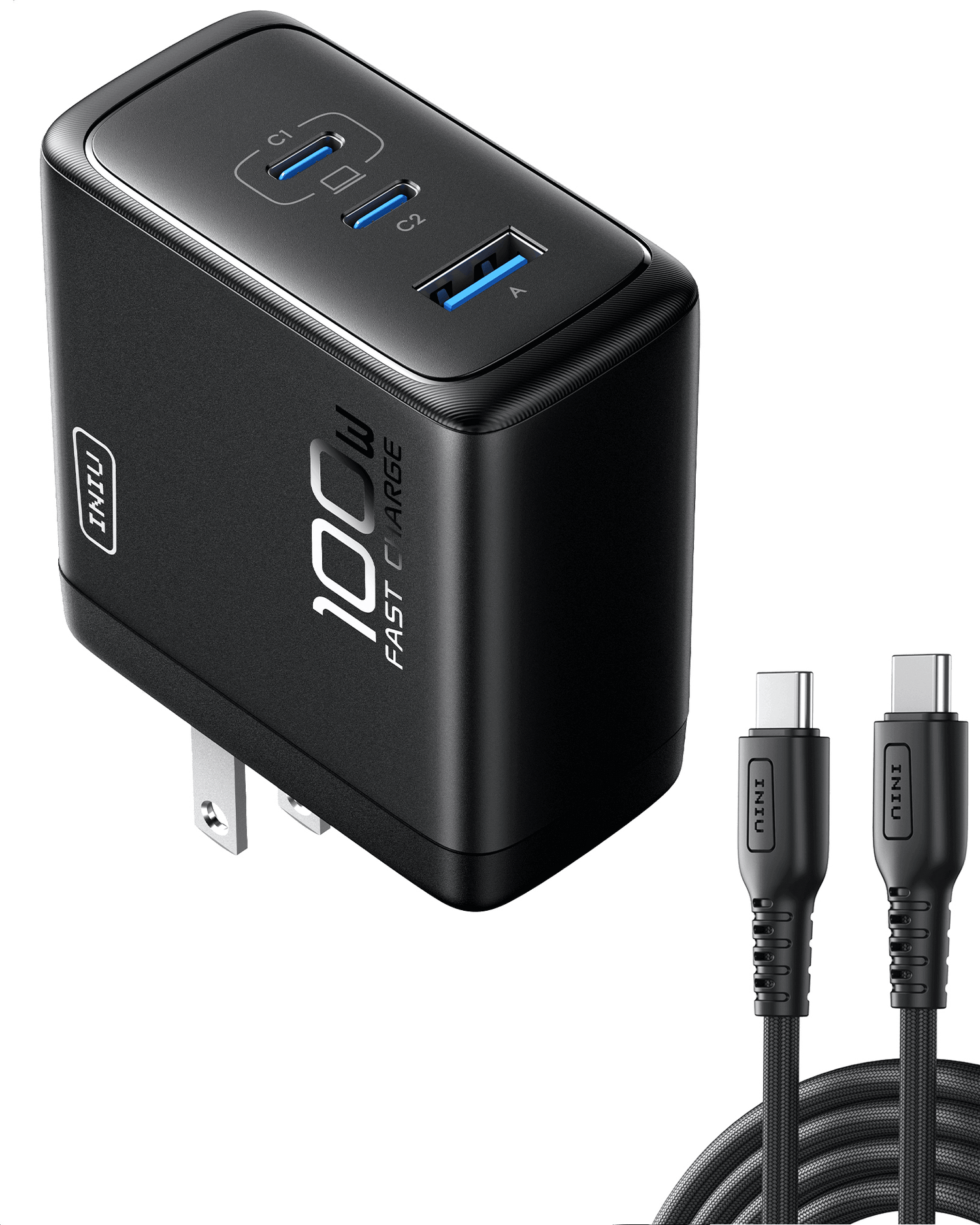 INIU A11-E1 100W GaN Charger, black, fast charging station with multiple ports and cables, compact and safe design
