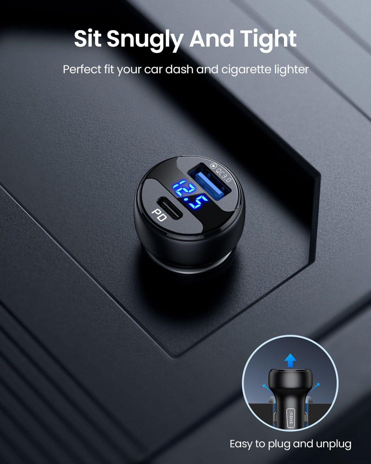 INIU 66W fast car charger with digital display, easily plugs into car dash. Black Friday deals on car chargers.