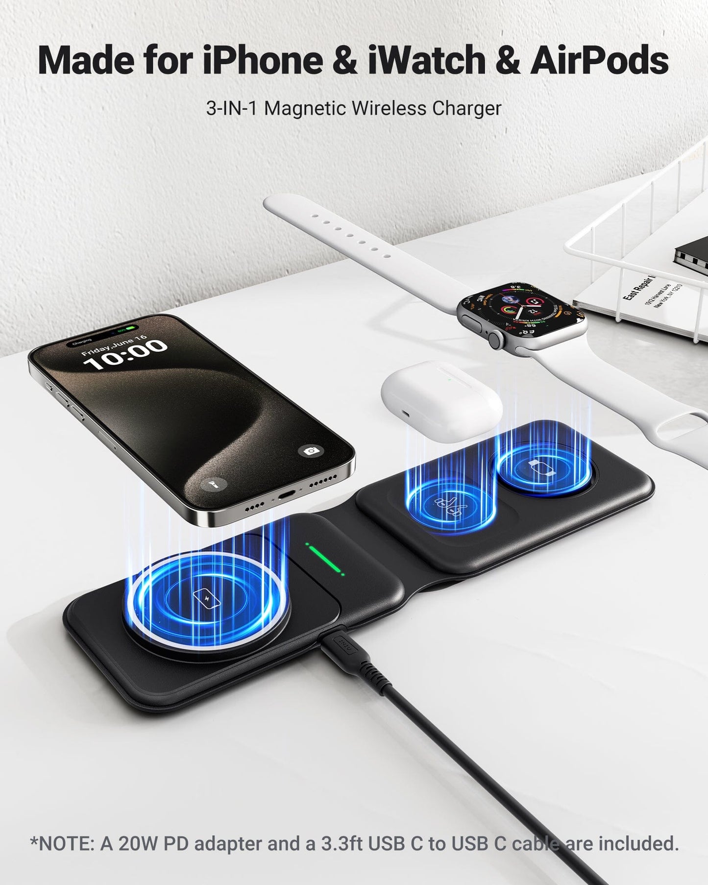 INIU SnapGo WI222 3-in-1 Kabelloses Ladepad und Ständer, 15 W, magnetisch, multifunktional