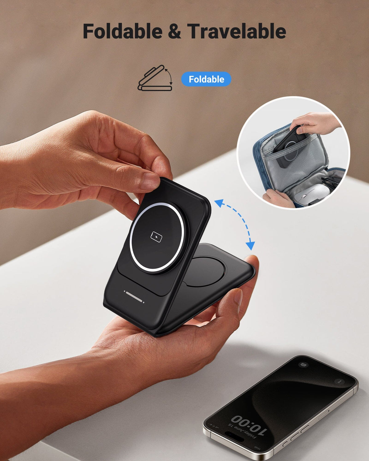 Black foldable 3-in-1 magnetic wireless charger being folded. Great for Black Friday deals on tech gifts for men.