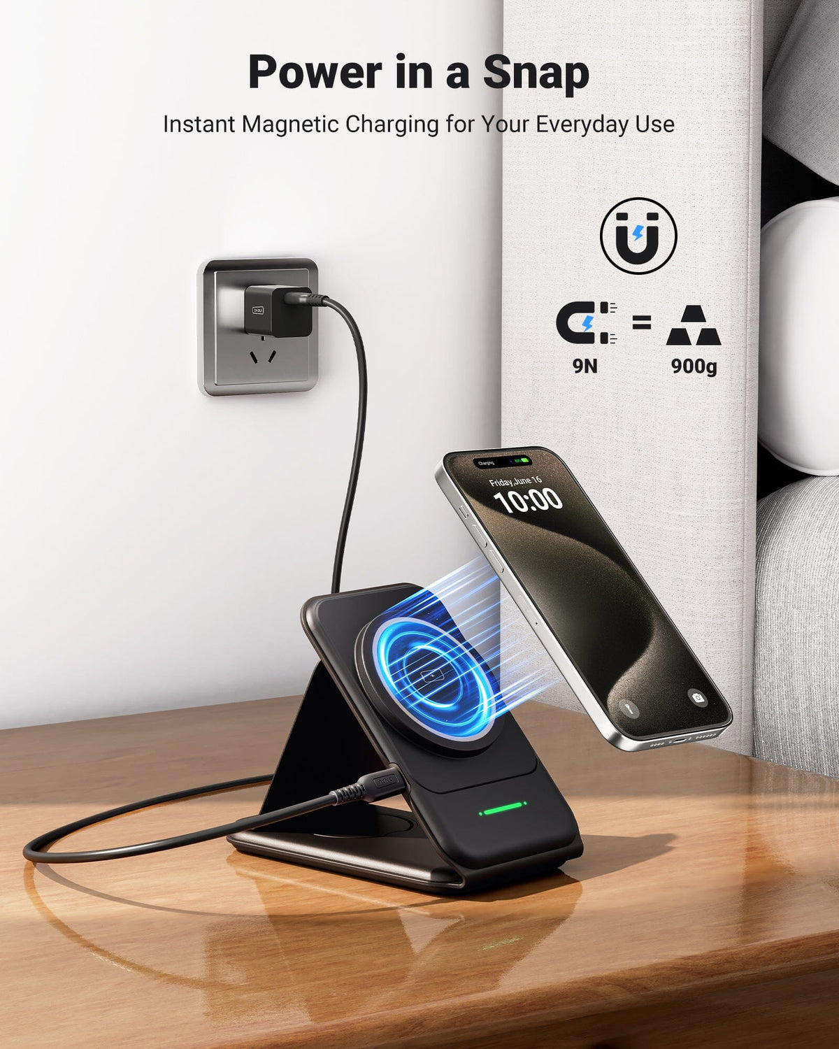 Black magnetic 3-in-1 wireless charger powers iPhone. Black Friday deals for tech gifts for men, on sale now.