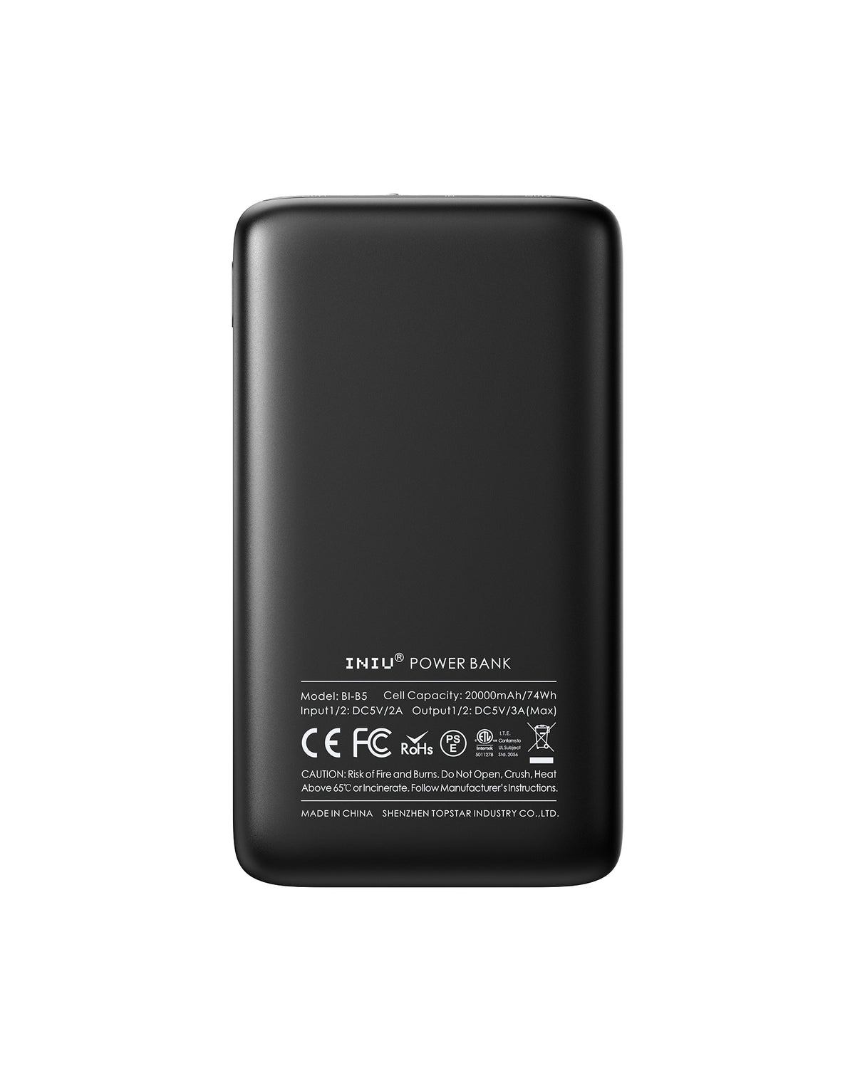INIU B5 Power Bank, black portable charger with 20000mAh capacity, safety certifications, and INIU branding.