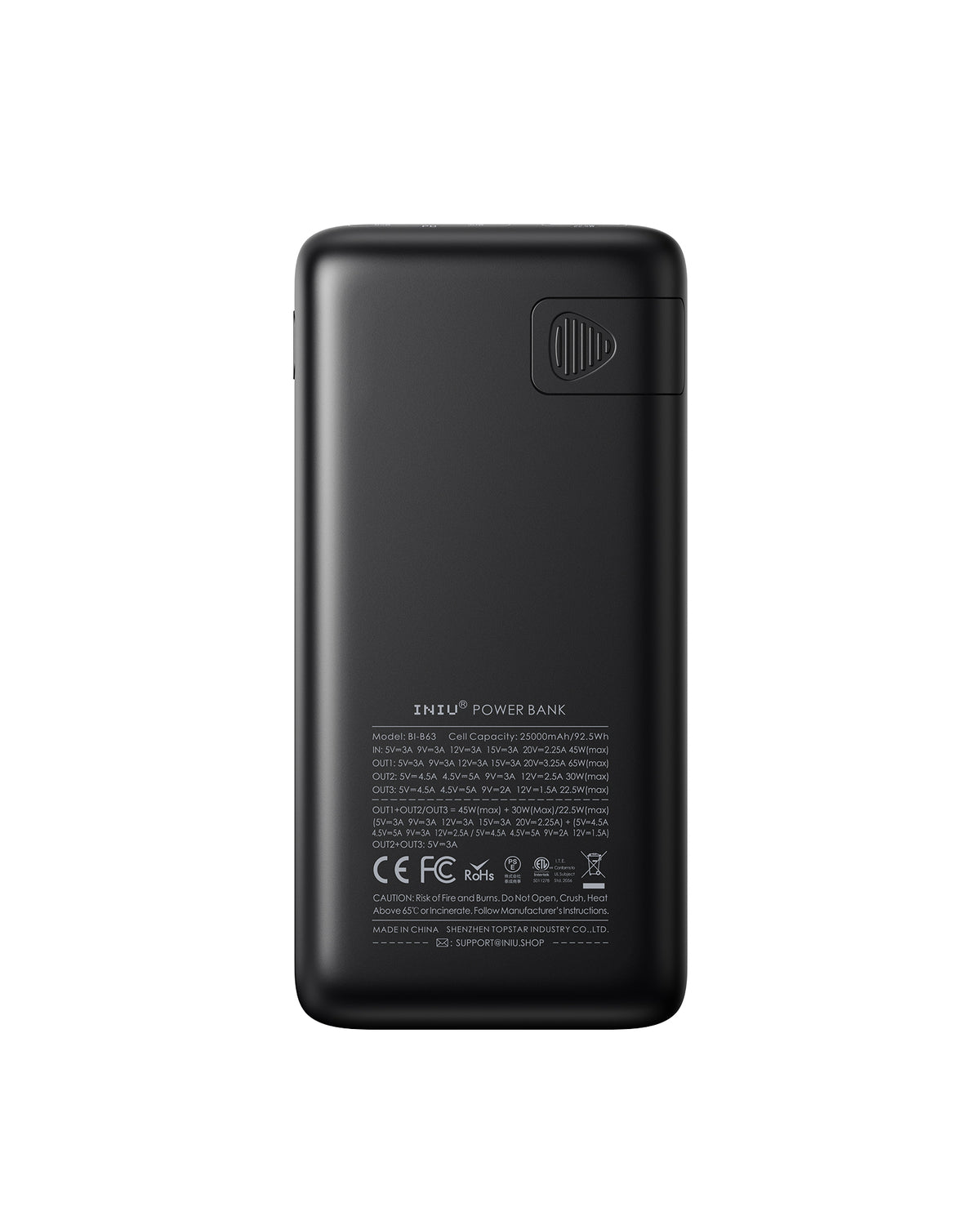 INIU B63 Power Bank: Black portable charger with specifications and safety certifications, 25000mAh for fast charging