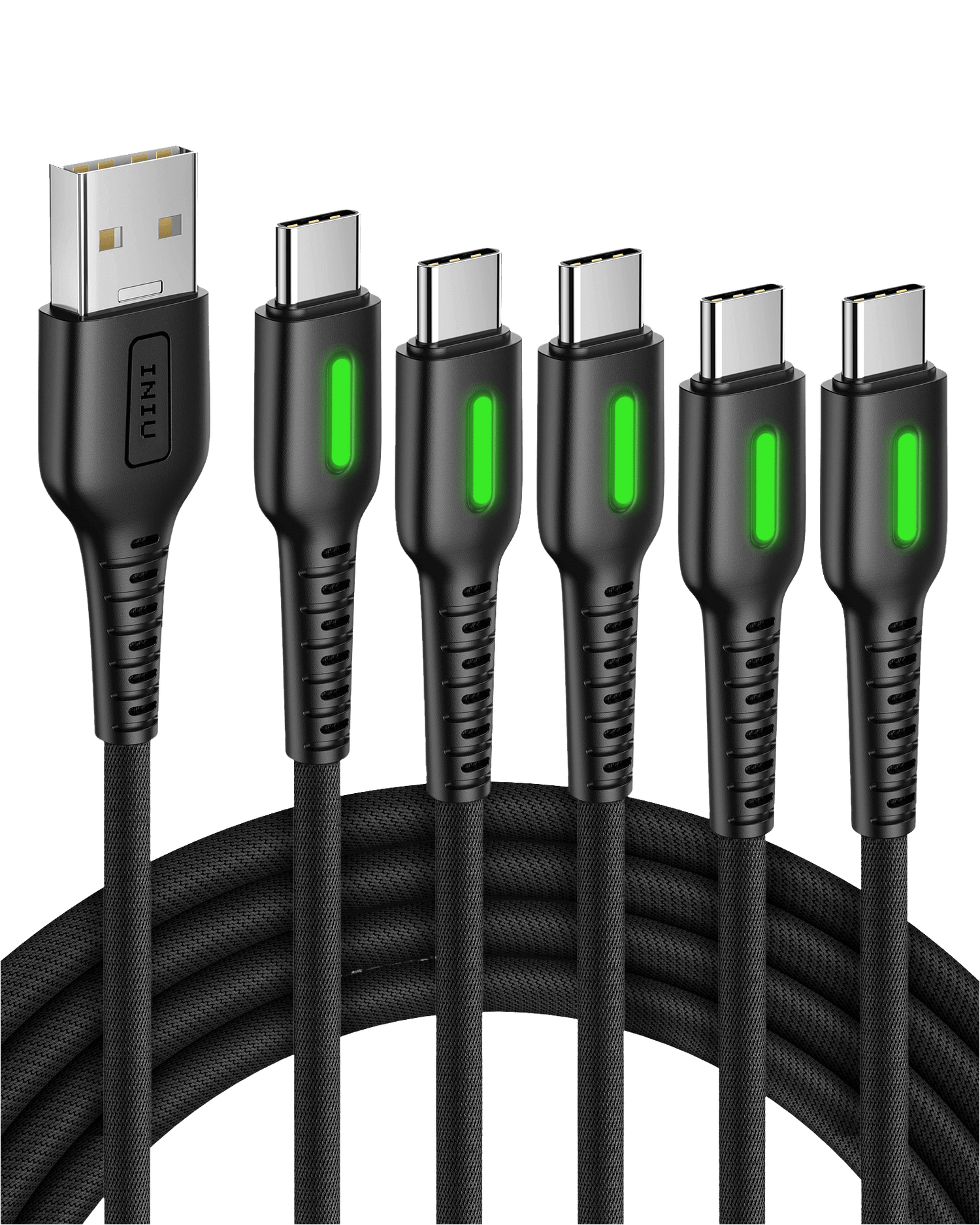 INIU D3C Nylon USB C Cable 5-Pack, Black USB-A to USB-C Cables with LED Indicator