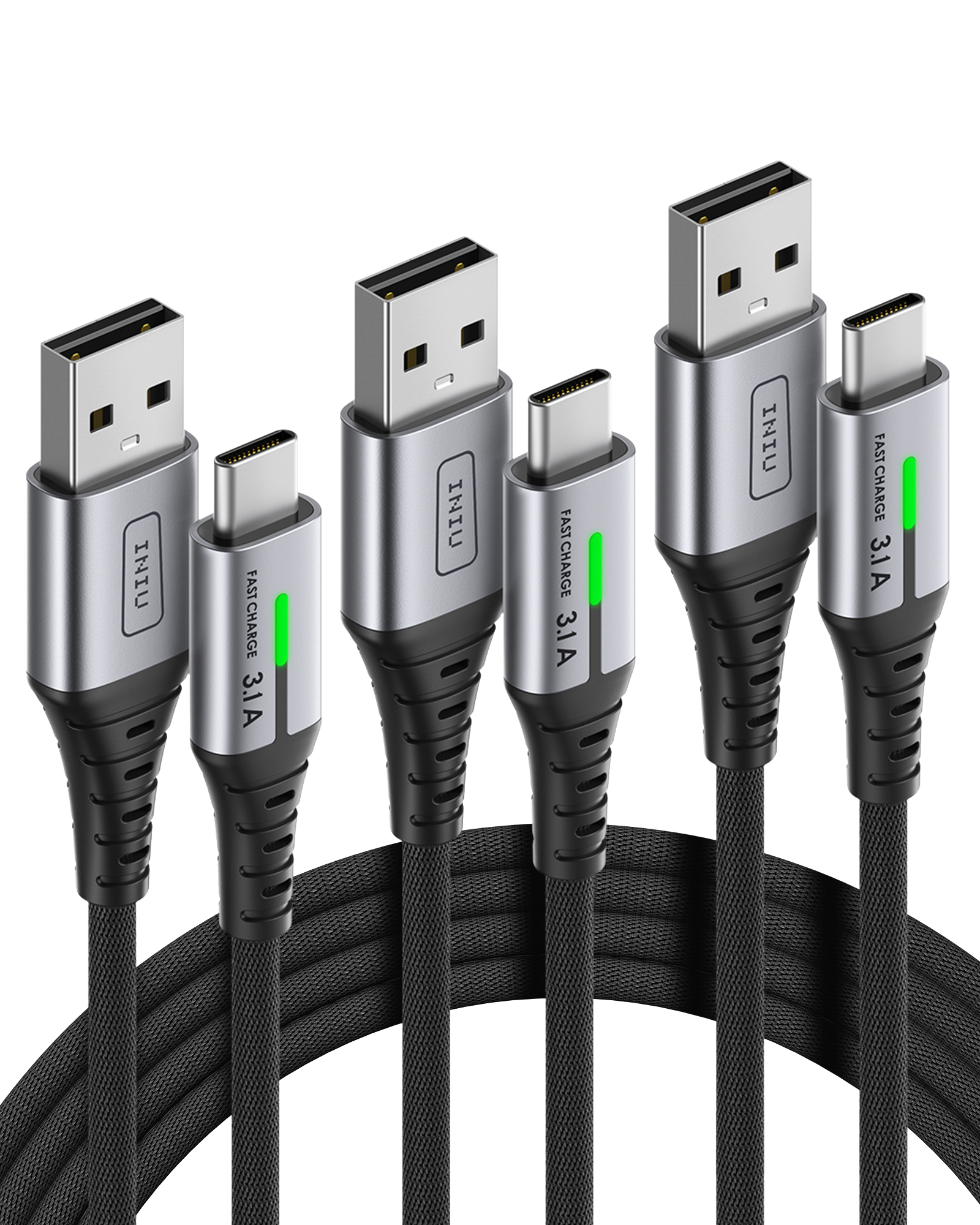 INIU D5C QC3.0 Cable USB tipo C de carga rápida (1.6 + 6.6 + 6.6 pies, paquete de 3)