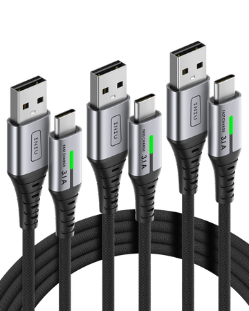 INIU D5C QC3.0 Cable USB tipo C de carga rápida (1.6 + 6.6 + 6.6 pies, paquete de 3)