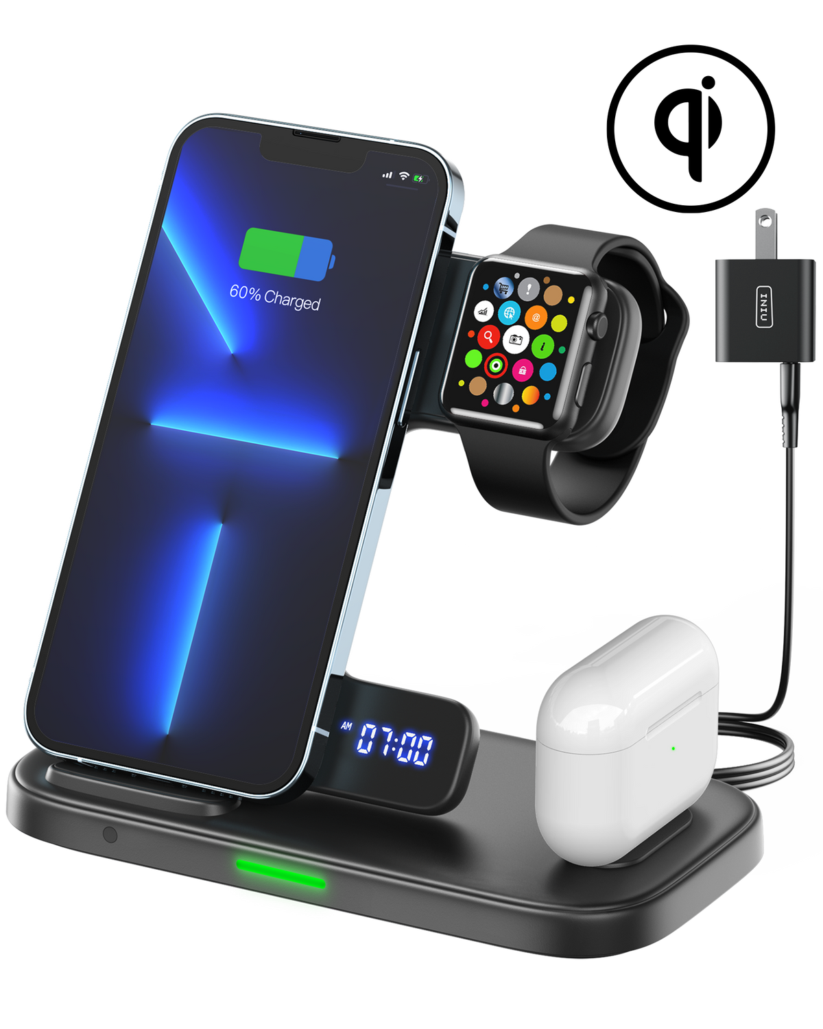Black Friday deals on INIU 3-in-1 wireless charger for iPhone, Apple Watch, and AirPods. Fast charging with digital clock.