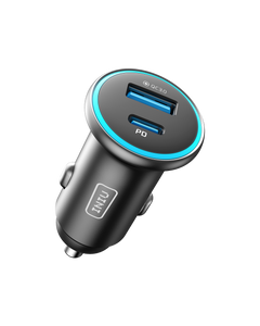 INIU I712 2-Port Fast Car Charger. Black car charger with blue accents, USB-A and USB-C ports, QC 3.0 and PD charging.
