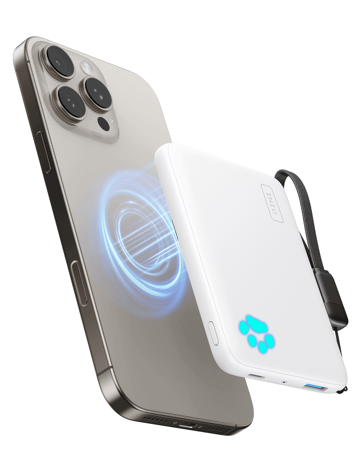 INIU Pawsible magnetic power bank wirelessly charging iPhone. Black Friday deals on wireless chargers for tech gifts.