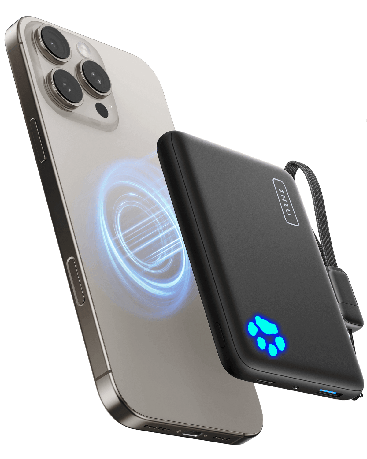 INIU 10,000mAh magnetic power bank wirelessly charging an iPhone, part of Black Friday deals for tech gifts.