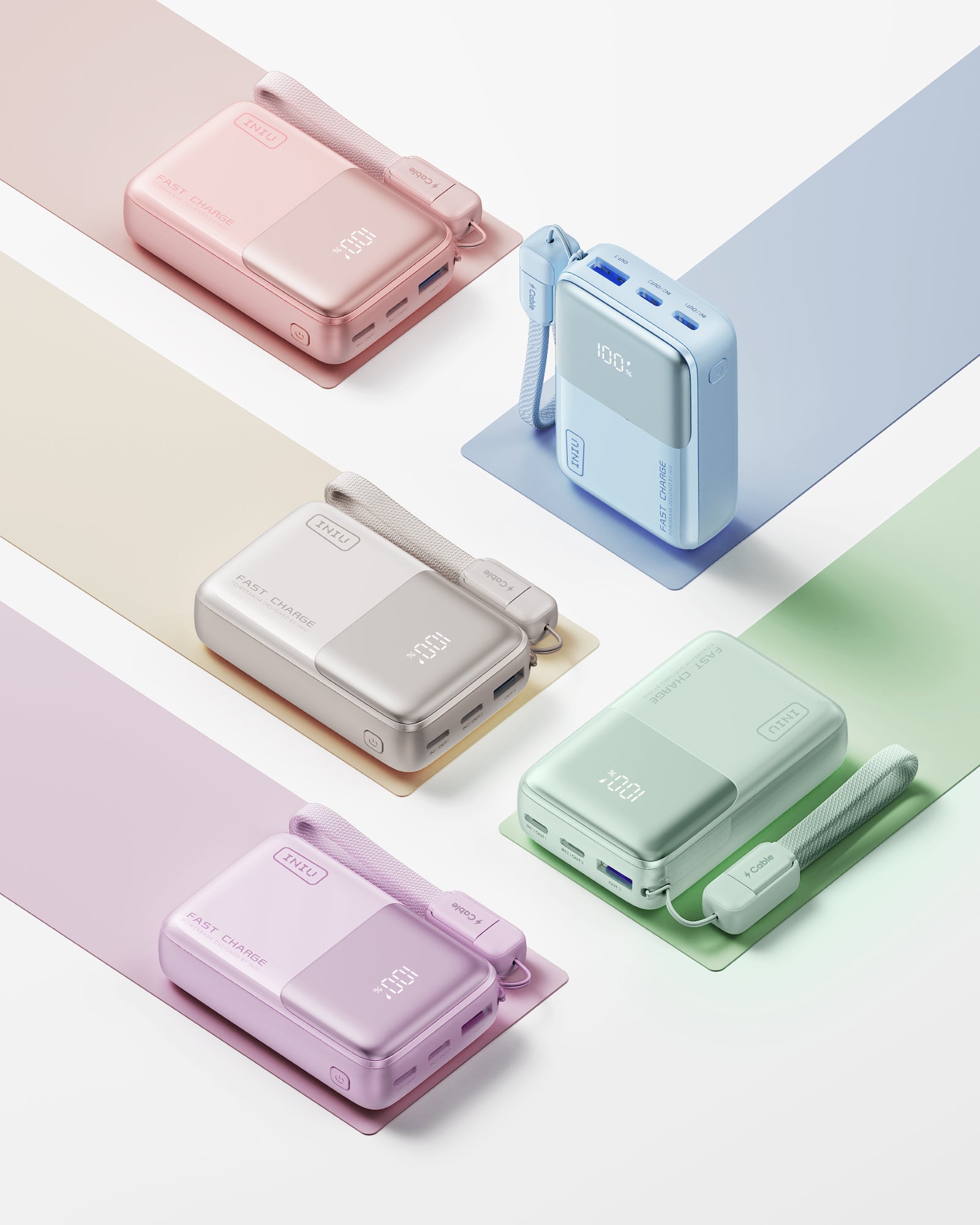 INIU P50-E1 Power Bank: Colorful fast charging power bank with USB-C, compact design, perfect for on-the-go use.