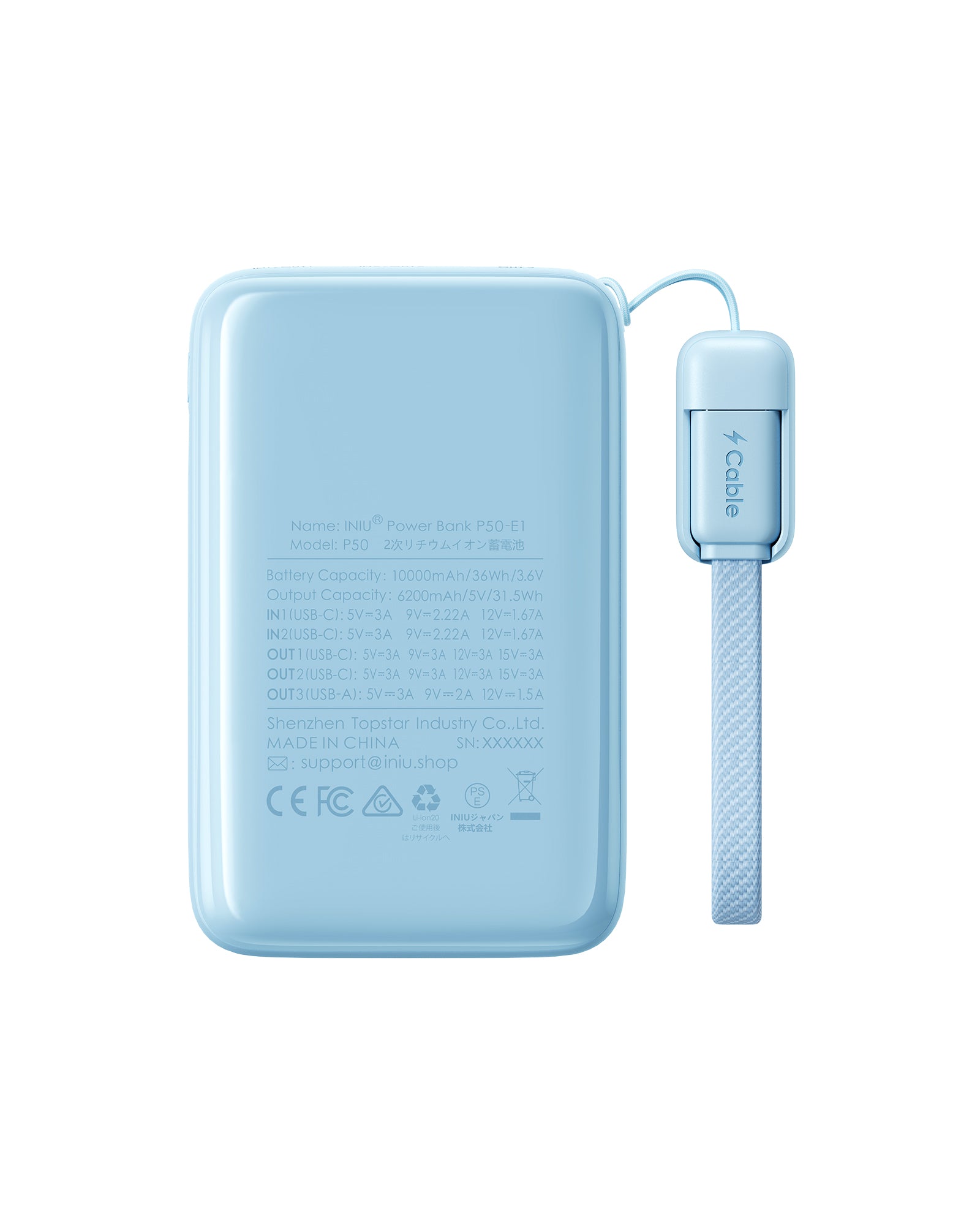 INIU P50-E1 Power Bank: Light blue, compact. USB-C cable. 10000mAh for on-the-go charging.