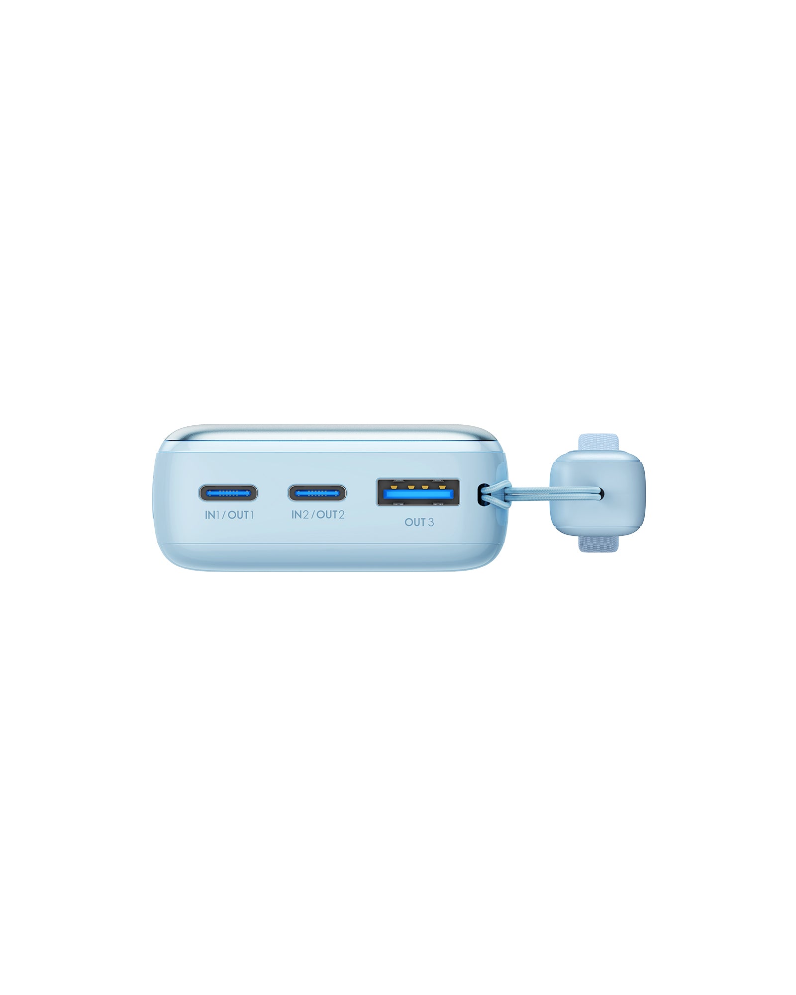 INIU P50-E1 Power Bank: Light blue, compact design, USB-C ports, lanyard cable, and fast charging.