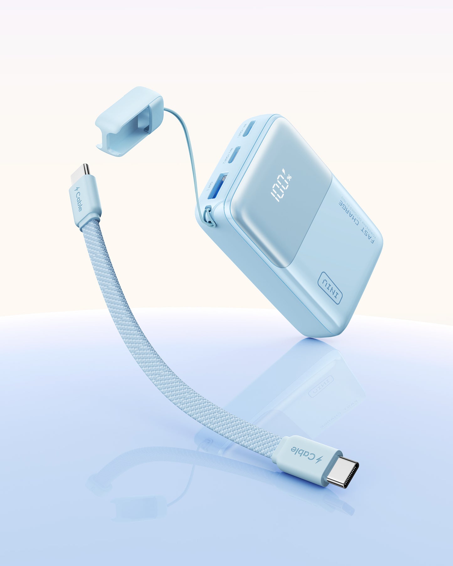 INIU P50-E1 Power Bank sky blue, integrated USB-C, 100% charge, Fast Charge.