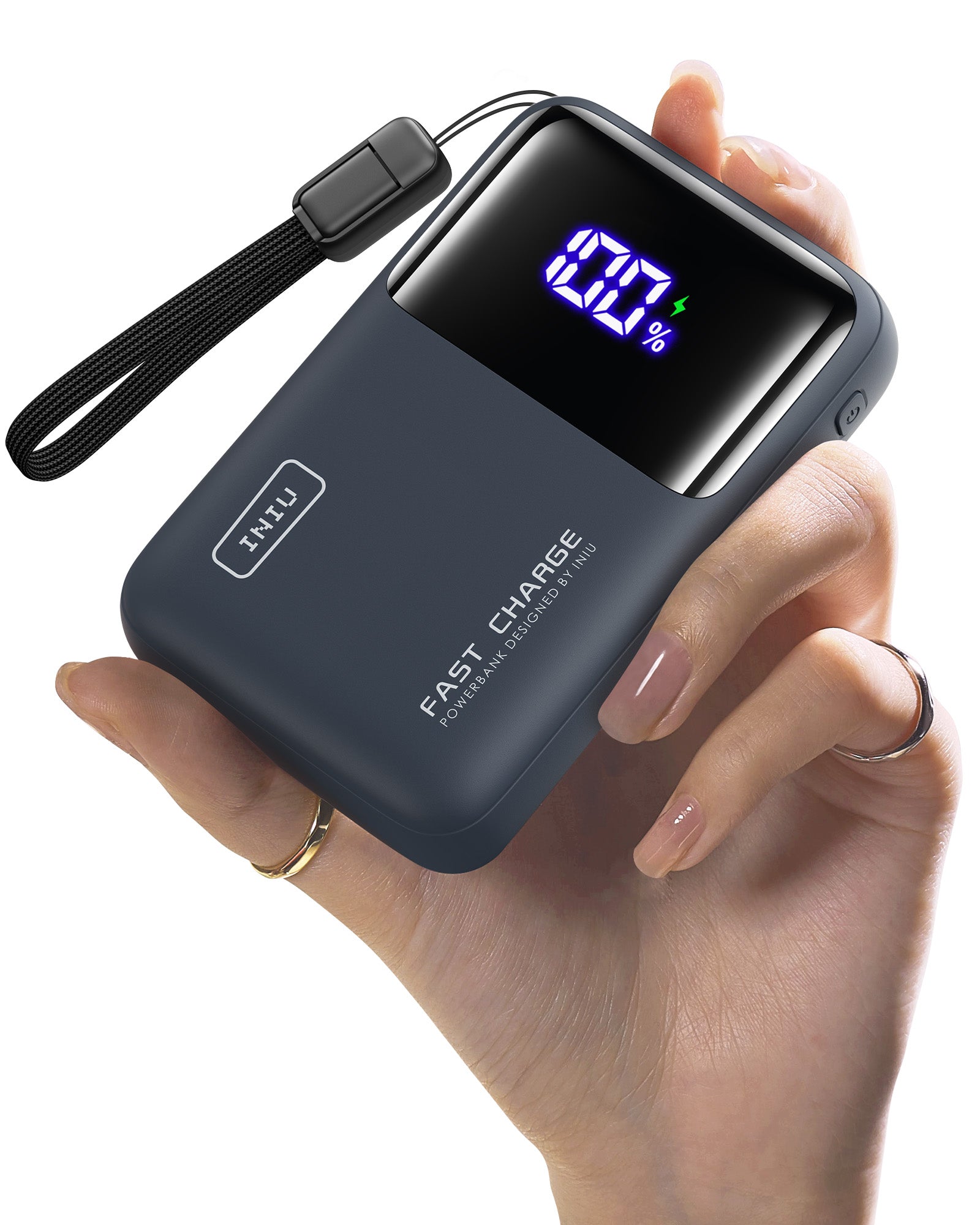 INIU dark gray 20000mAh power bank with 100% charge display, wrist strap. Black Friday electronics deals.