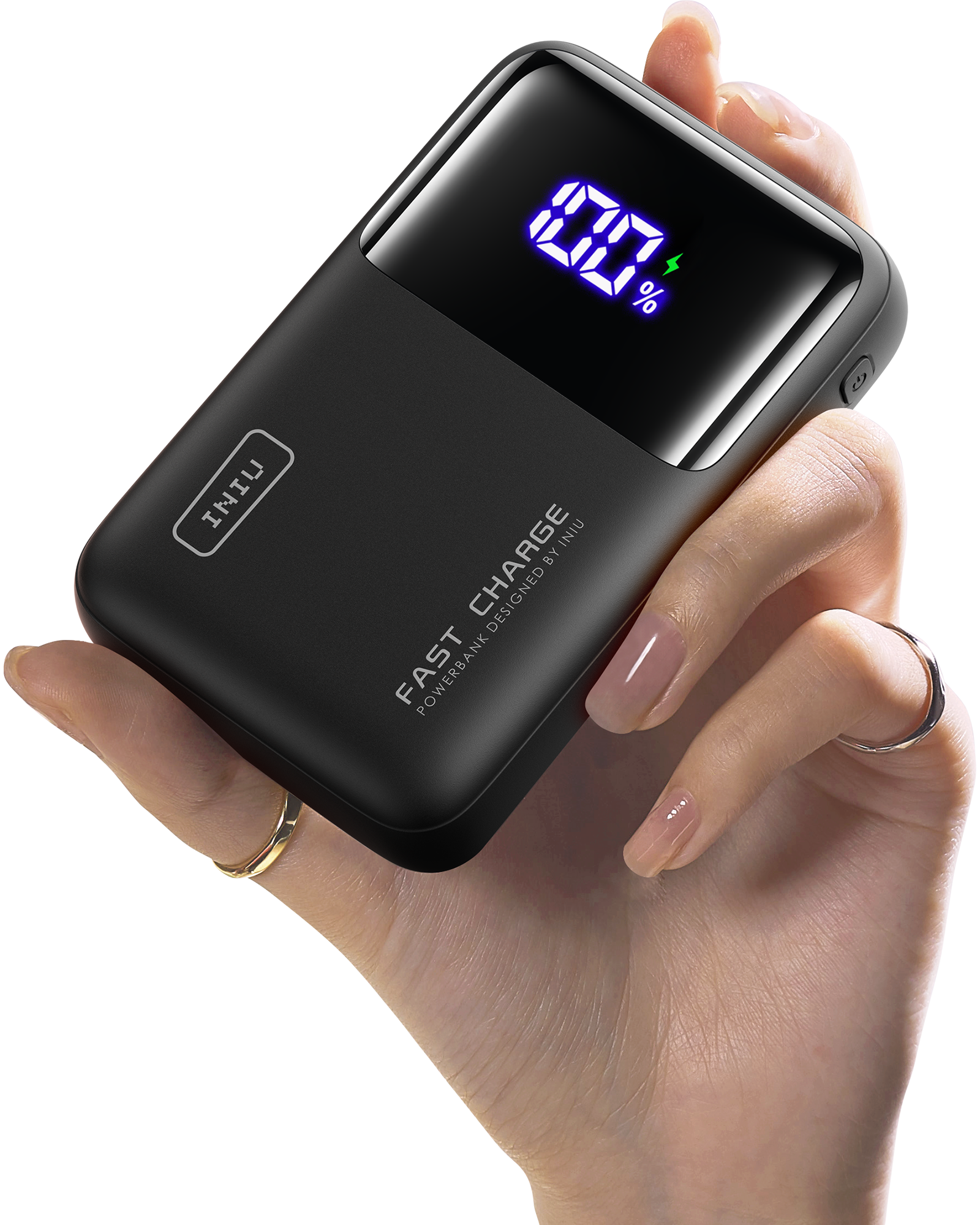 Black INIU 20000mAh 65W power bank shown in hand, 100% charge display. Black Friday tech gifts for men.