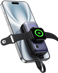 INIU SnapGo P81-E1 Power Bank charging Apple Watch. USB-C cable, digital display shows power.