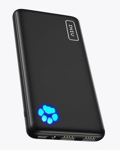 INIU PowerPaw™ Slim 10K Black power bank, black, compact design, with INIU logo and blue paw indicator, USB-C port