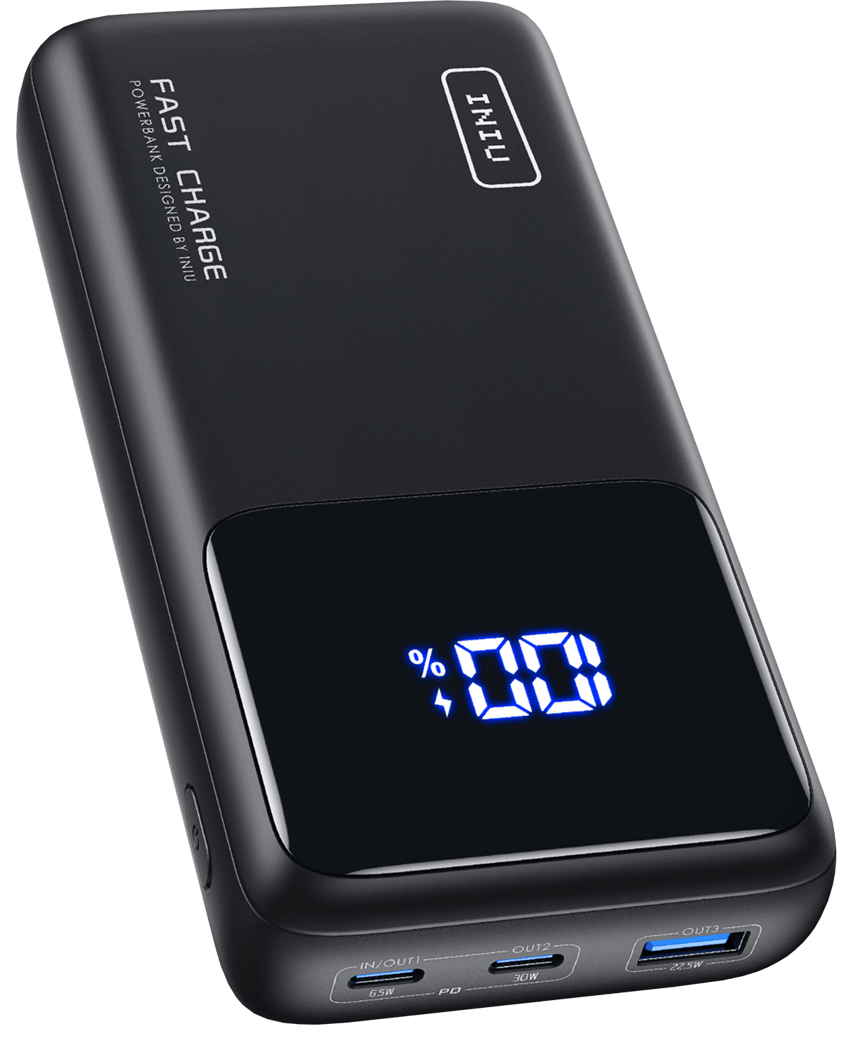 INIU B63 Power Bank: Black, digital display, FAST CHARGE, IN/OUT ports.