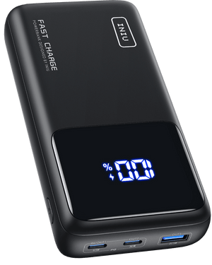 INIU B63 Power Bank: Black, digital display, FAST CHARGE, IN/OUT ports.