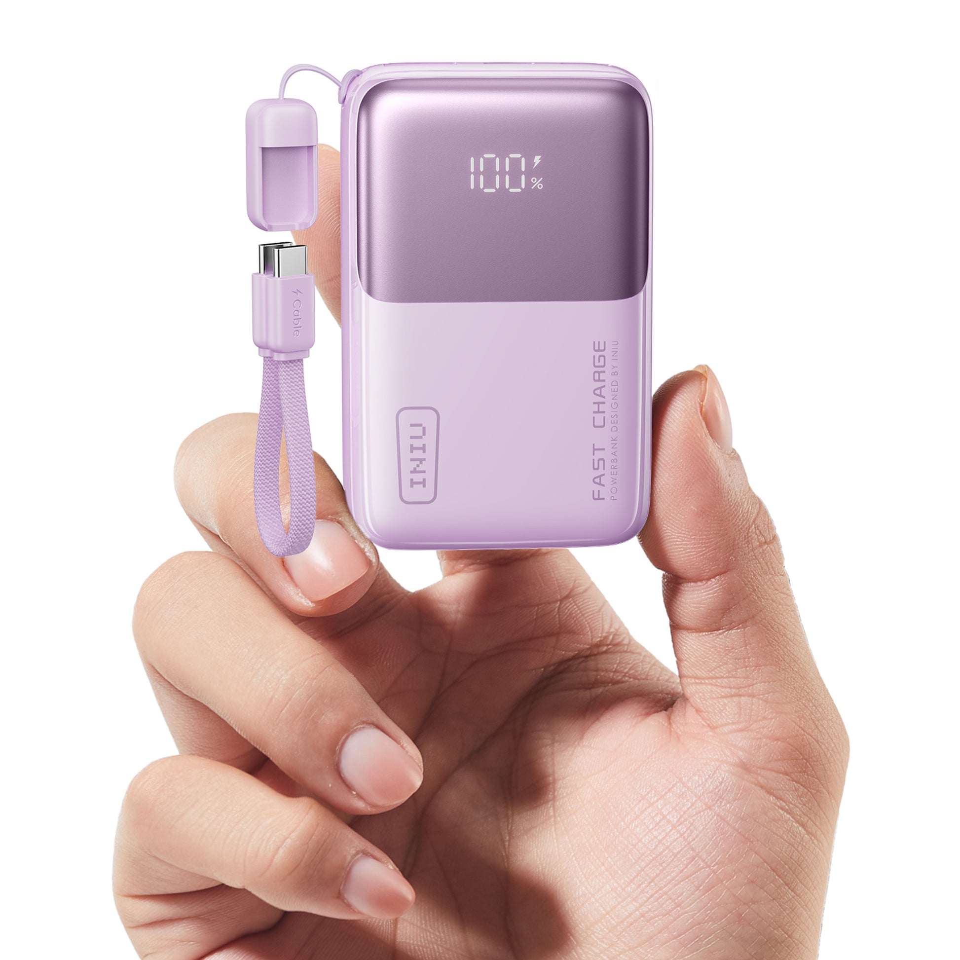 INIU P50-E1 Power Bank, light purple, USB-C cable, 100% charge. Fast charging for phone, tablet, and more.