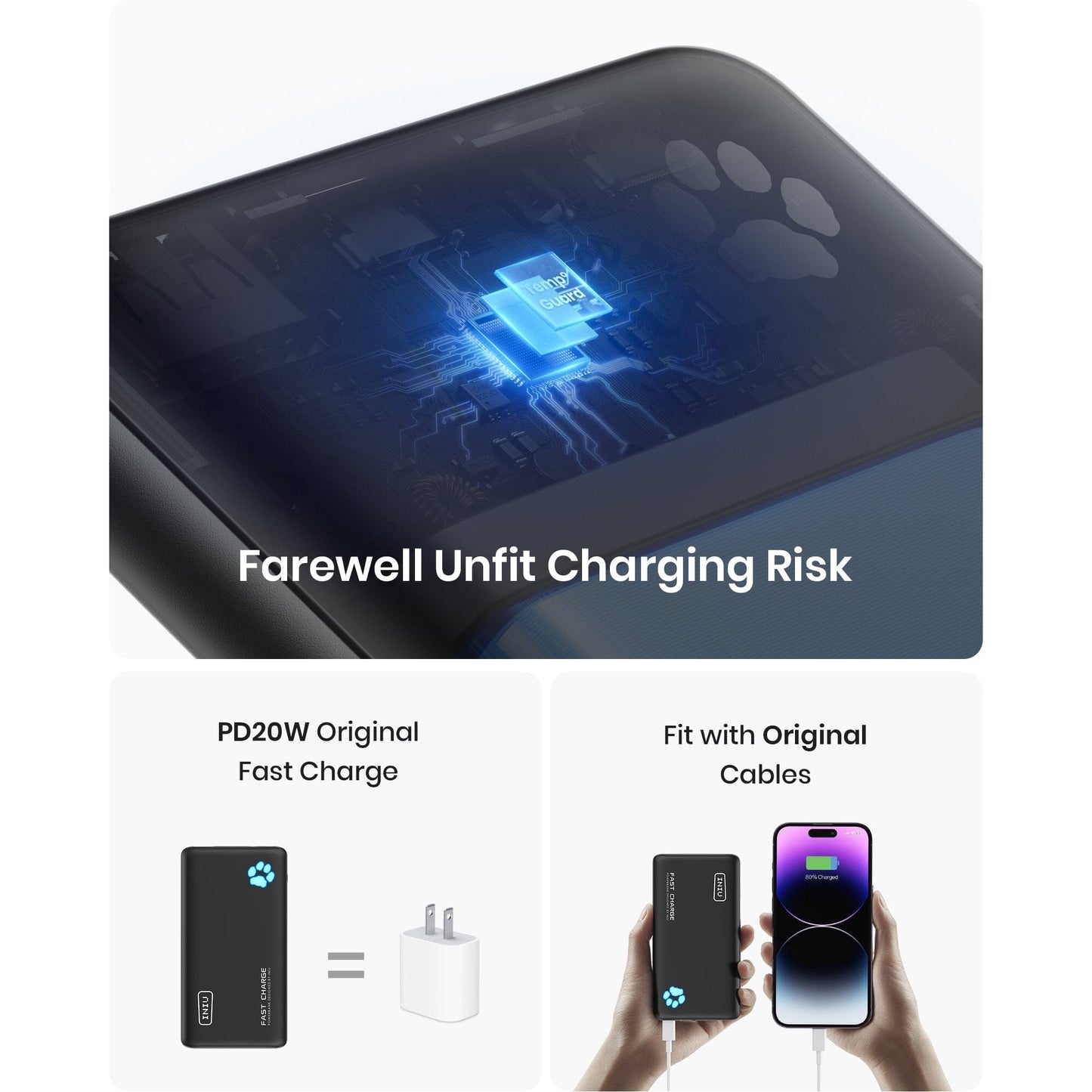 INIU B3 Tragbares Ladegerät, 20W PD 3.0 Schlankste 10000mAh Power bank, Schwarz