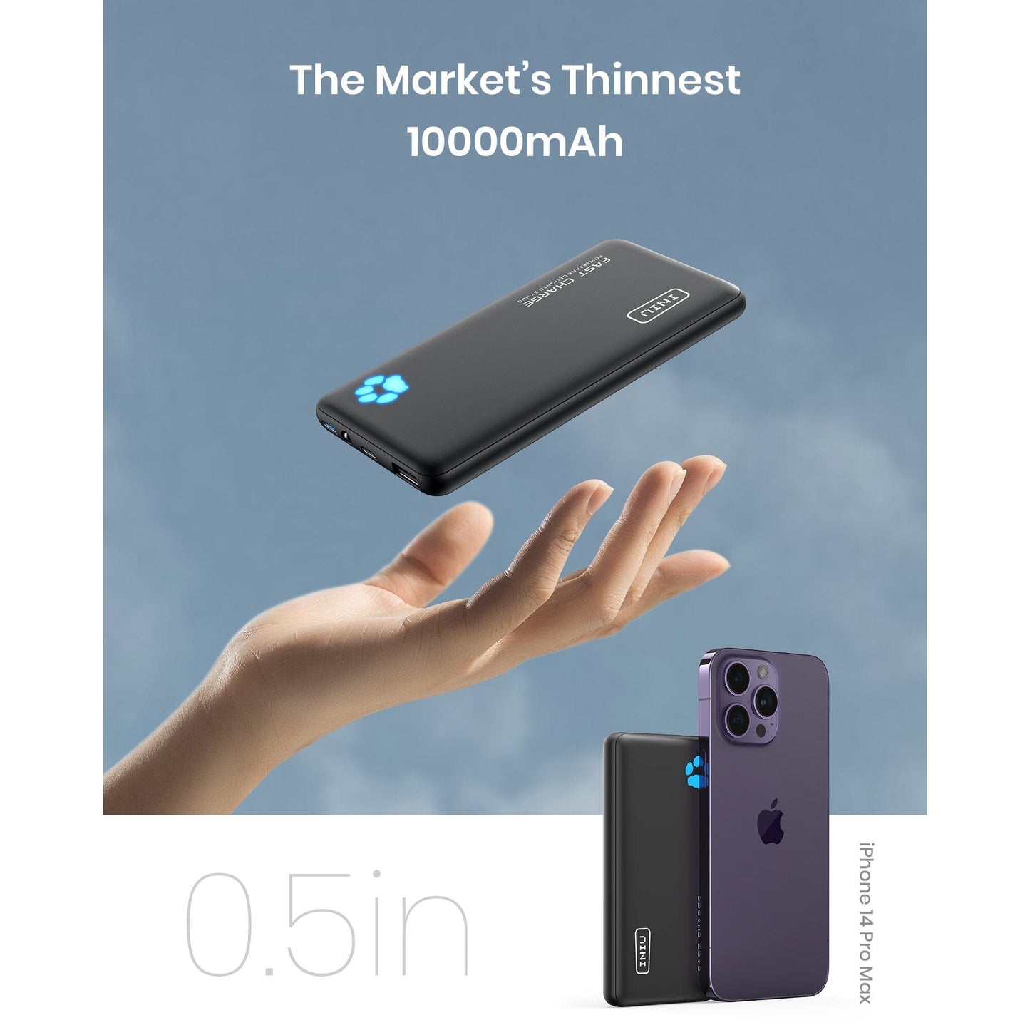 INIU B3 Tragbares Ladegerät, 20W PD 3.0 Schlankste 10000mAh Power bank, Schwarz