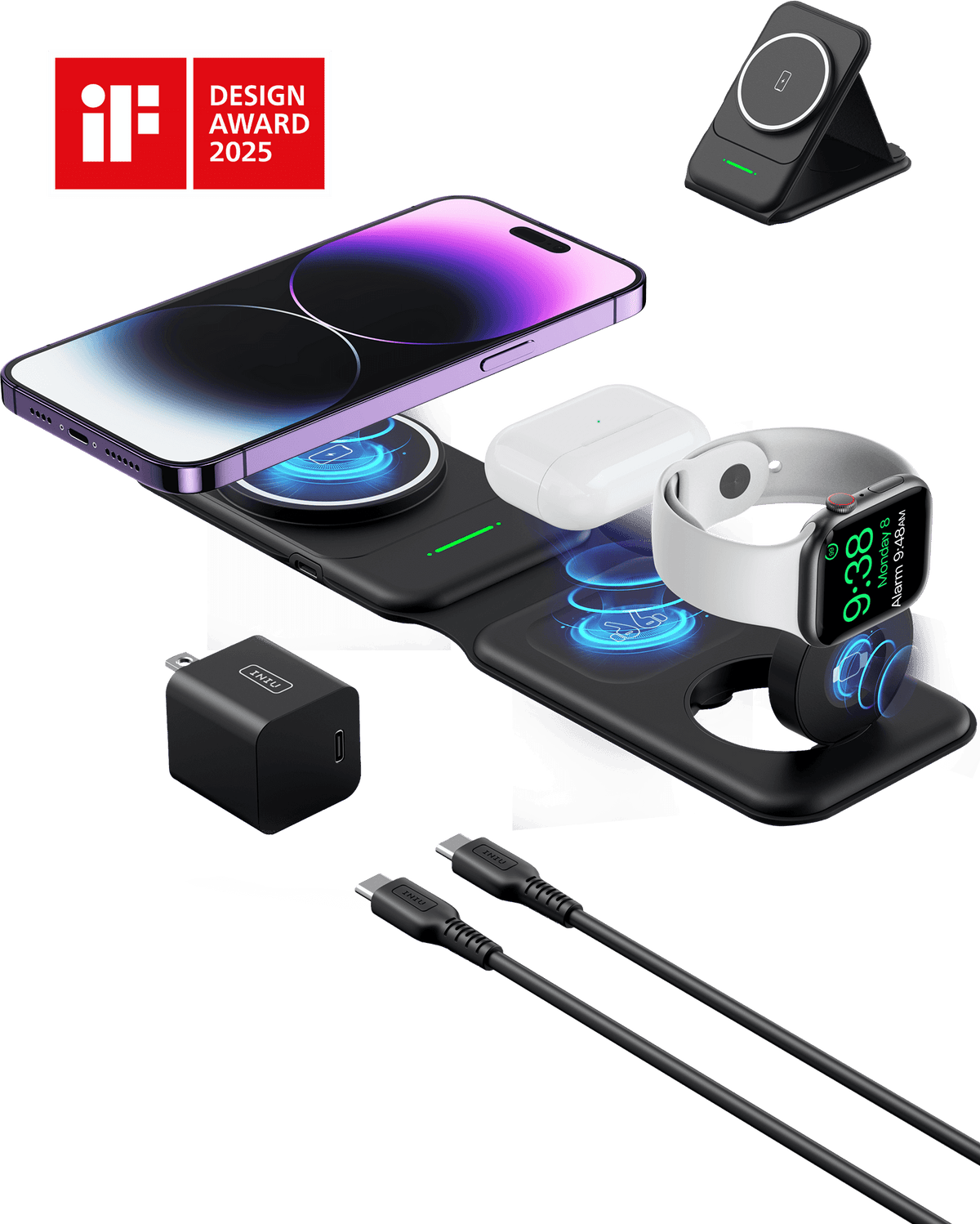 INIU 3-in-1 wireless charging station with iPhone, AirPods, and Apple Watch on Black Friday. Includes adapter & cables.