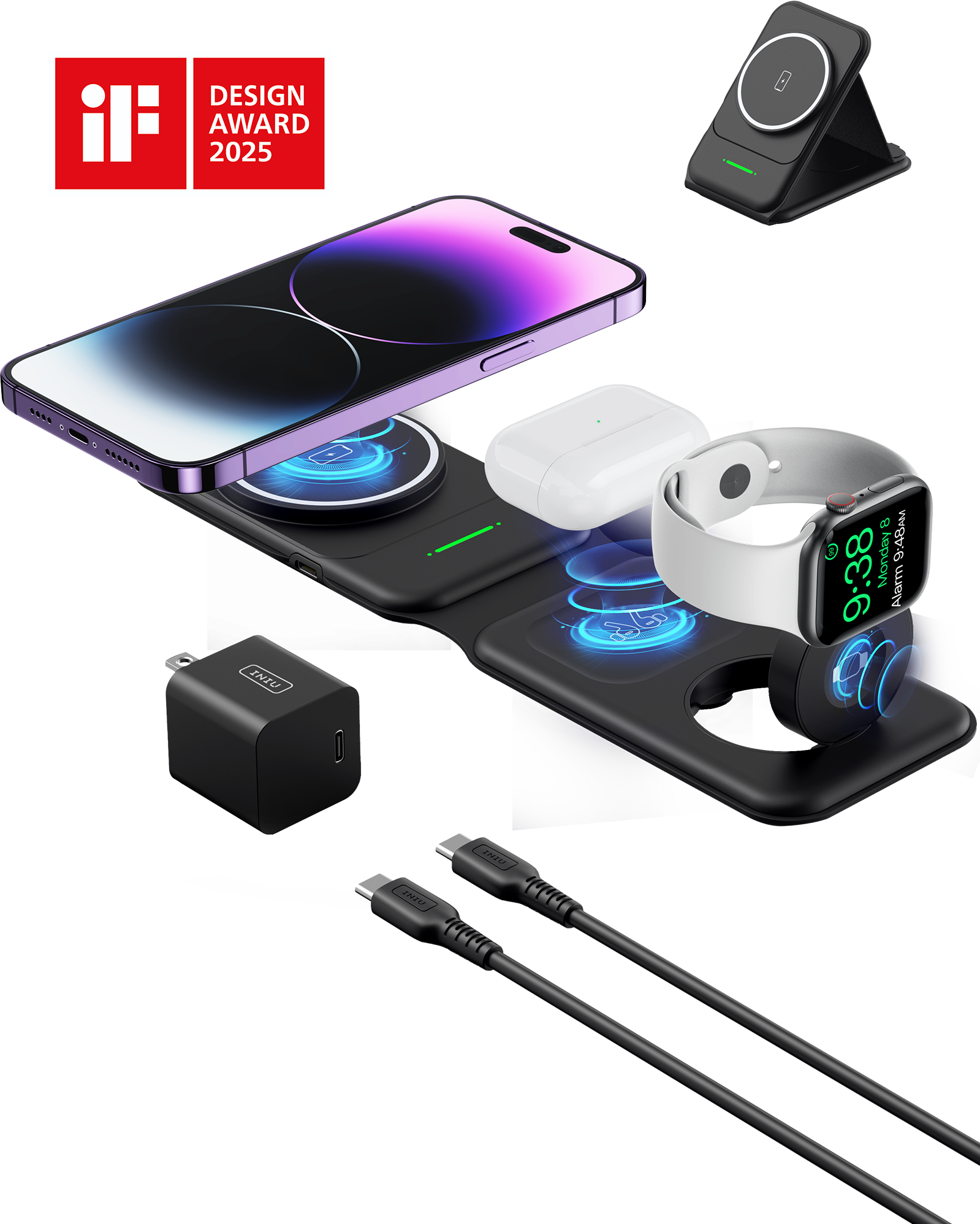 INIU SnapGo WI222 3 in 1 Wireless Charging Pad & Stand, 15W Magnetic Multifunction