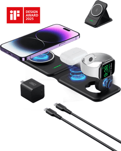 INIU 3-in-1 wireless charging station with iPhone, AirPods, and Apple Watch on Black Friday. Includes adapter & cables.