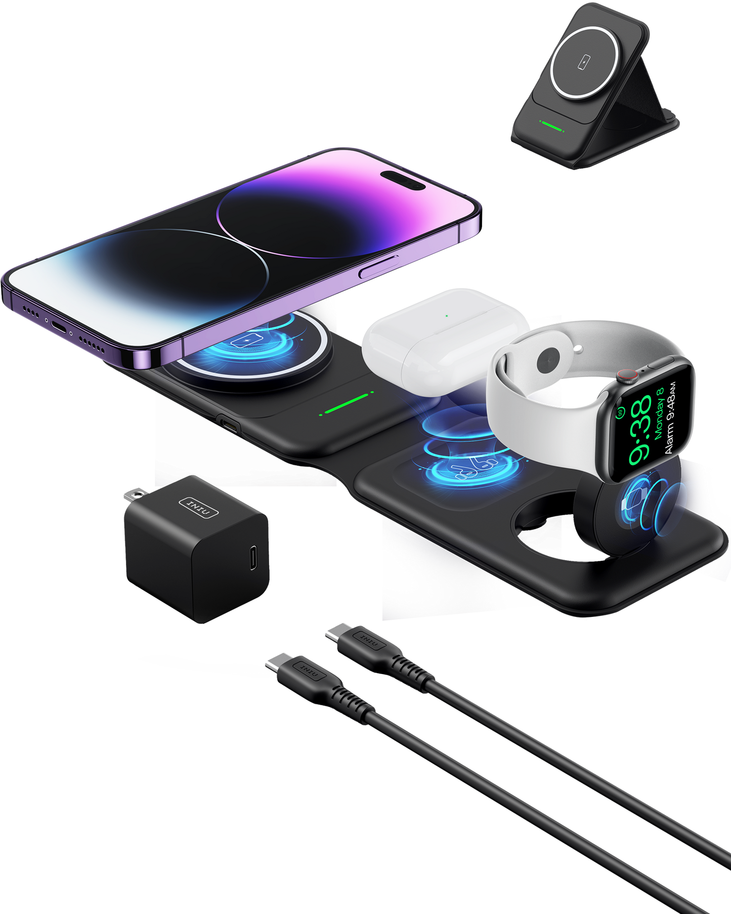 INIU SnapGo WI222 3-in-1 Kabelloses Ladepad und Ständer, 15 W, magnetisch, multifunktional