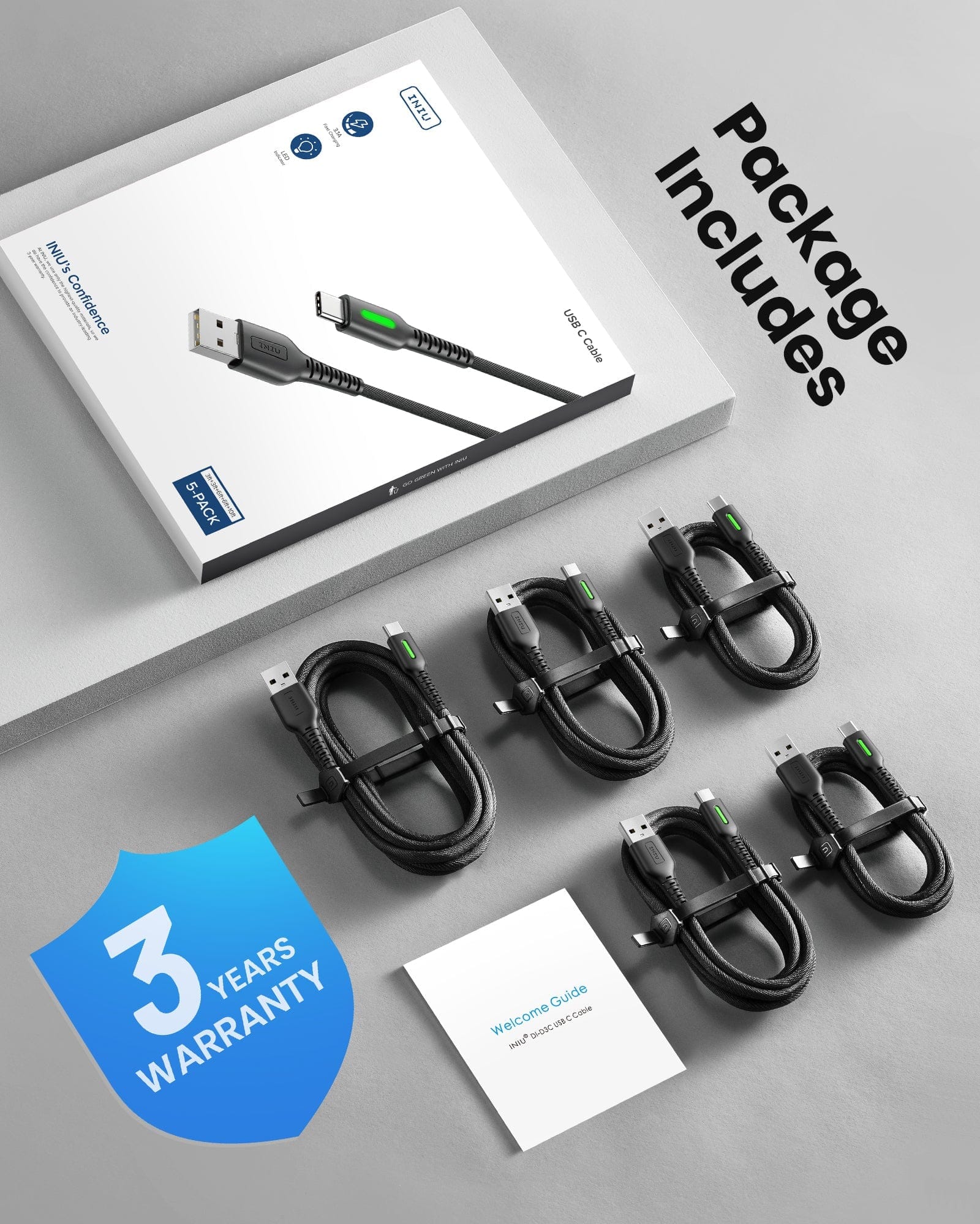 Package Includes: INIU Swoosh 3.1A QC USB C Braided Cables 5 Pack 【3.3ft+3.3ft+6ft+6ft+10ft], 3 years Warranty